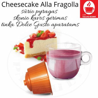 Cheesecake Alla Fragelo – Siera kūkas garšas kafijas dzēriena kapsulas – sadērigas ar DOLCE GUSTO aparātiem