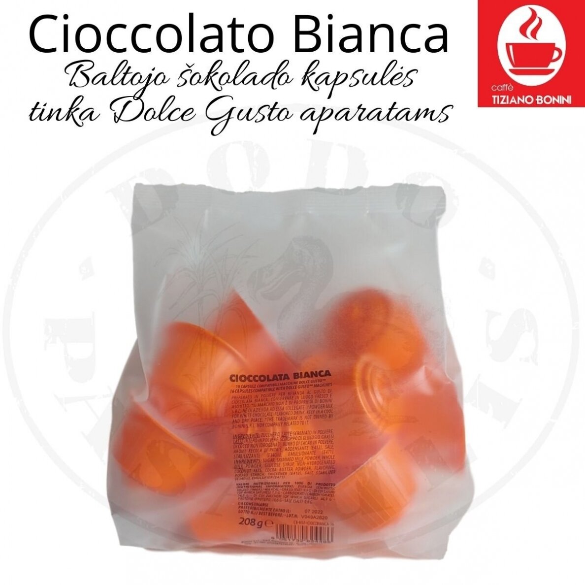 Caffe Bonini – Cioccolato Bianca – Valkoinen suklaa juomakapselit – Sopii DOLCE GUSTO koneisiin. 1 Caffe Bonini – Cioccolato Bianca – Valkoinen suklaa juomakapselit – Sopii DOLCE GUSTO koneisiin. 1