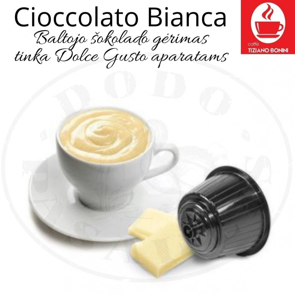 Caffe Bonini – Cioccolato Bianca – Valkoinen suklaa juomakapselit – Sopii DOLCE GUSTO koneisiin. Caffe Bonini – Cioccolato Bianca – Valkoinen suklaa juomakapselit – Sopii DOLCE GUSTO koneisiin.